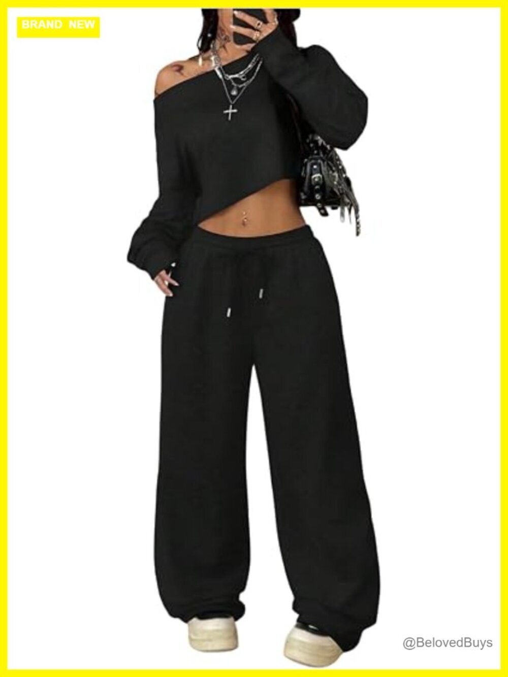 Y2K Off Shoulder Crop Top & Wide Leg Pant Set Streetwear